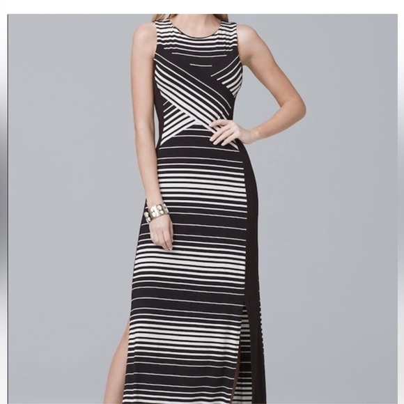 WHBM Black White Striped Illusion Side Slits Maxi Dress - Picture 1 of 9